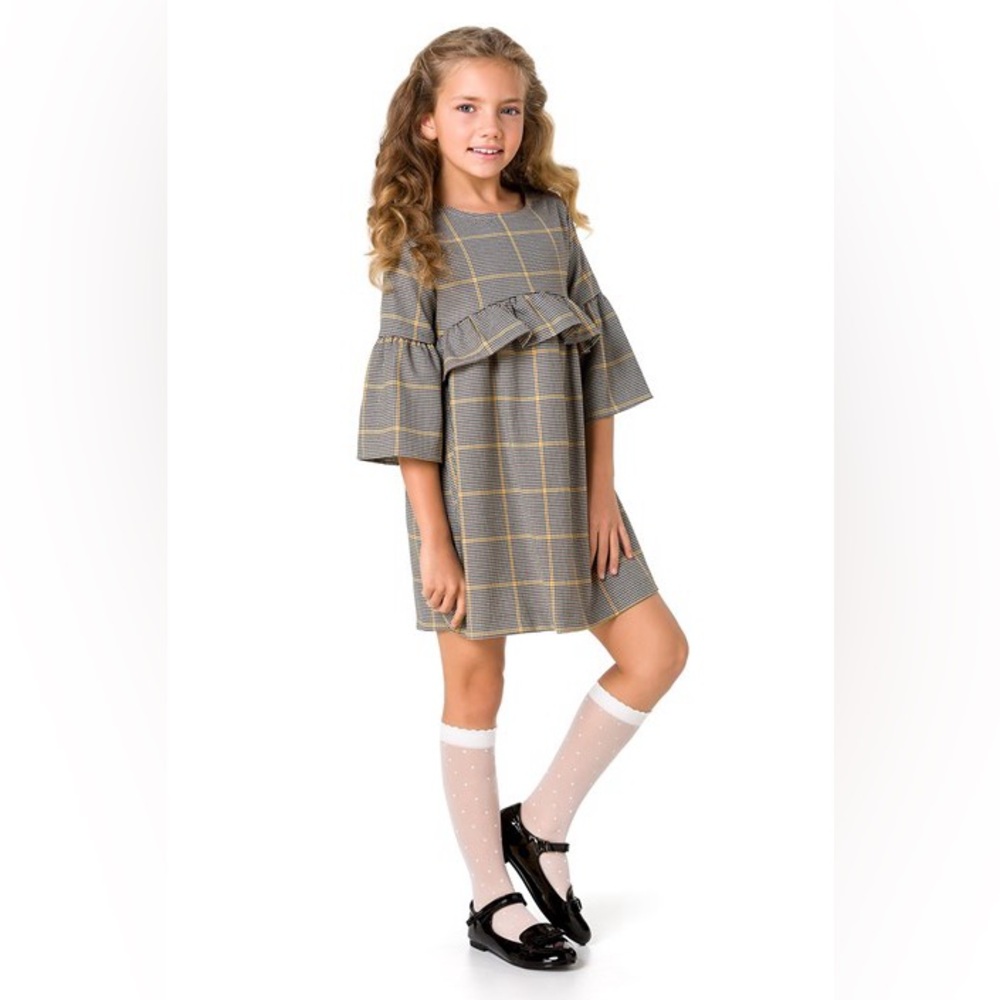 Zara Girls Houndstooth Checked Plaid Bell Sleeve Dress Size 13/14 Mustard/Grey